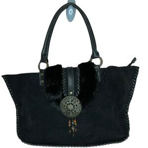Nicole Lee Boho Suede Shoulder Bag with Fur, Metal and Bead Accents